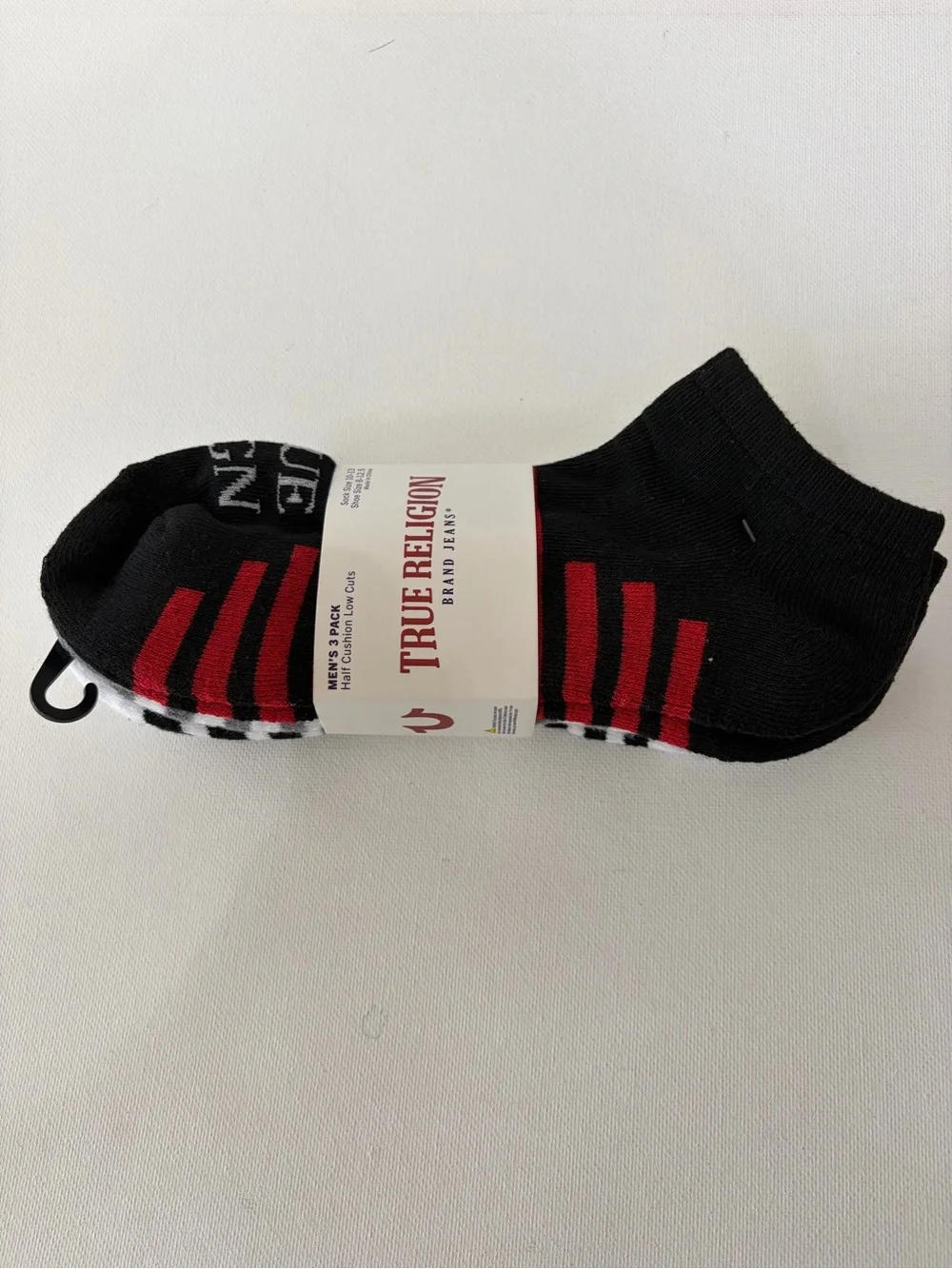 True Religion Mens 3 Pack Half Cushion Low Cut Socks Black Red White Size 10-13